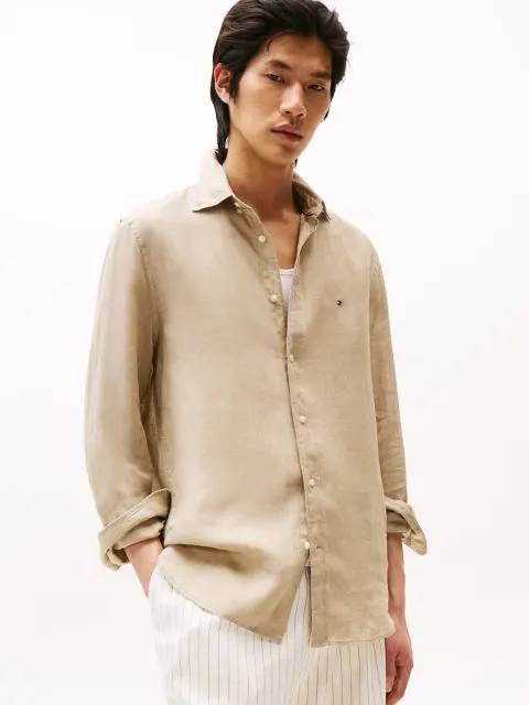 Tommy Hilfiger Μακρυμάνικo Μπεζ Λινό Πουκάμισο