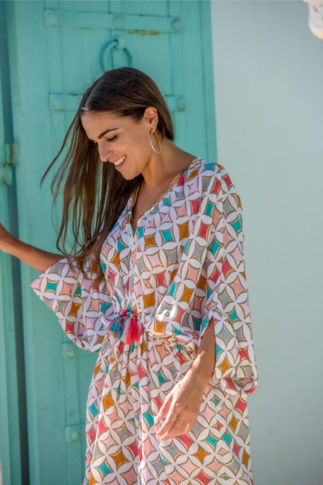 Sunset and Moon Πολύχρωμο Μακρύ Φόρεμα με φαρδιά μανίκια - Image 2