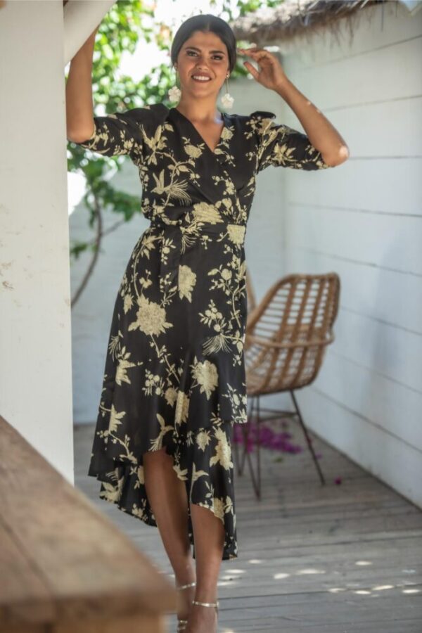 Sunset and Moon Μαύρο Εμπριμέ Κρουαζέ Midi Φόρεμα