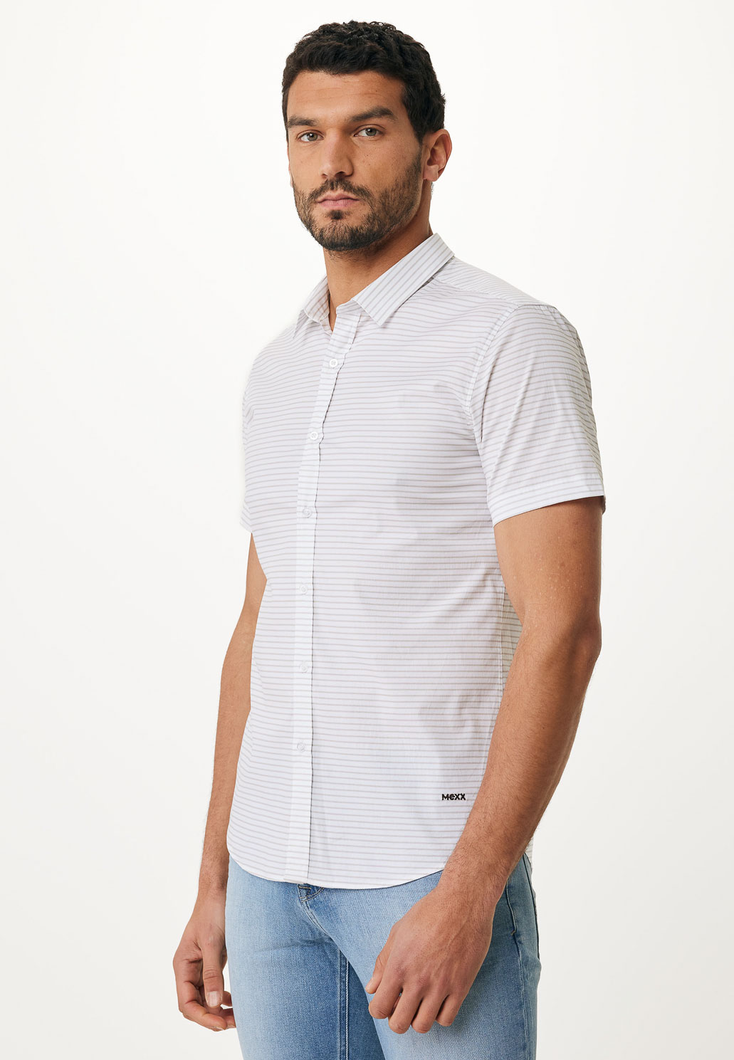 Mexx Πουκάμισο Ιβουάρ με Μπεζ Ρίγες και Κοντό Μανίκι