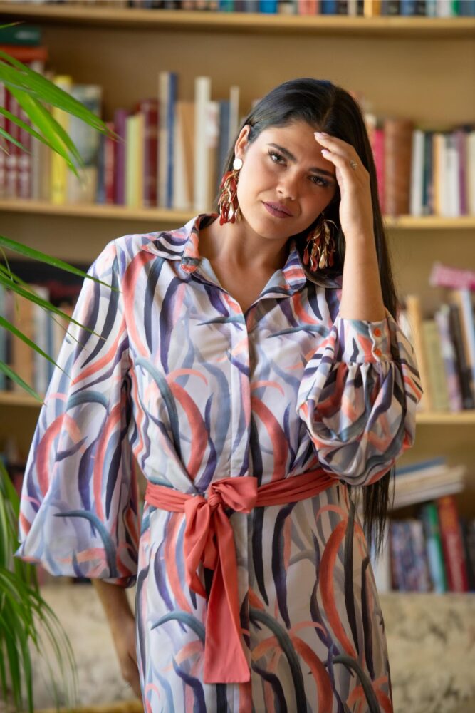 Kahyra Πολύχρωμο Φόρεμα με κουμπιά και ζώνη - Image 3