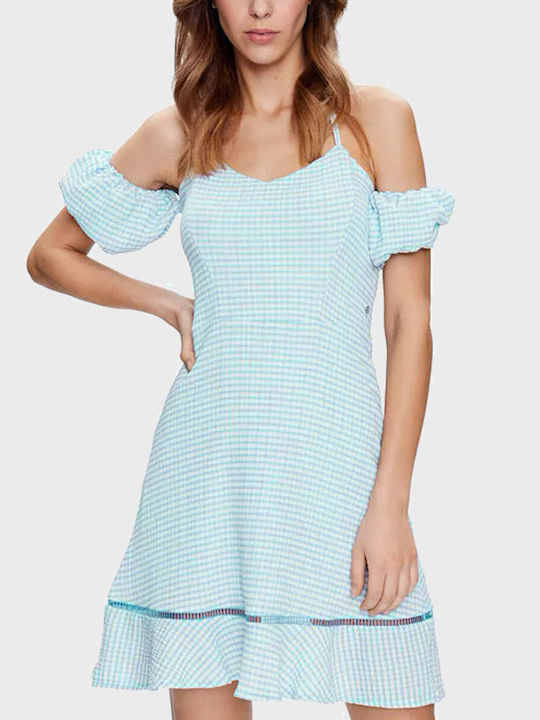 Guess Φόρεμα Καλοκαιρινό Mini Καρό Τιρκουάζ