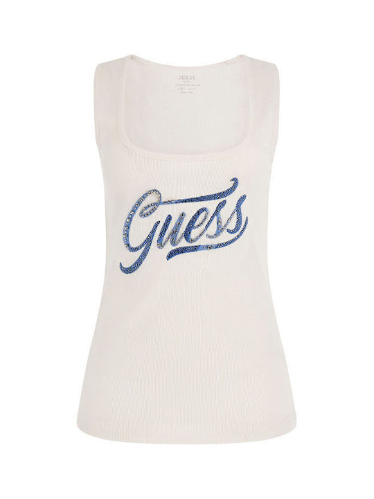 Guess Γυναικεία Μπλούζα Αμάνικη Άσπρη με Στρας