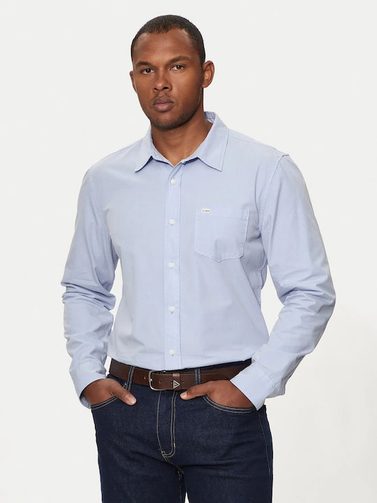 Guess Μακρυμάνικo Τζιν Πουκάμισο σε Στενή Γραμμή Σιελ