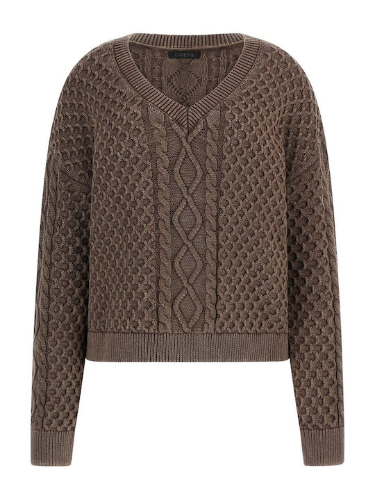 Guess Γυναικείο Πουλόβερ με V Λαιμόκοψη Καφέ