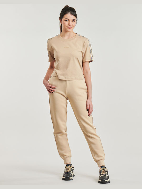 Guess Ψηλόμεσο Παντελόνι Φόρμας με Λάστιχο Μπεζ