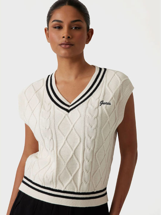 Γυναικείες Μπλούζες Guess Γυναικείο Πουλόβερ με V Λαιμόκοψη Ecru