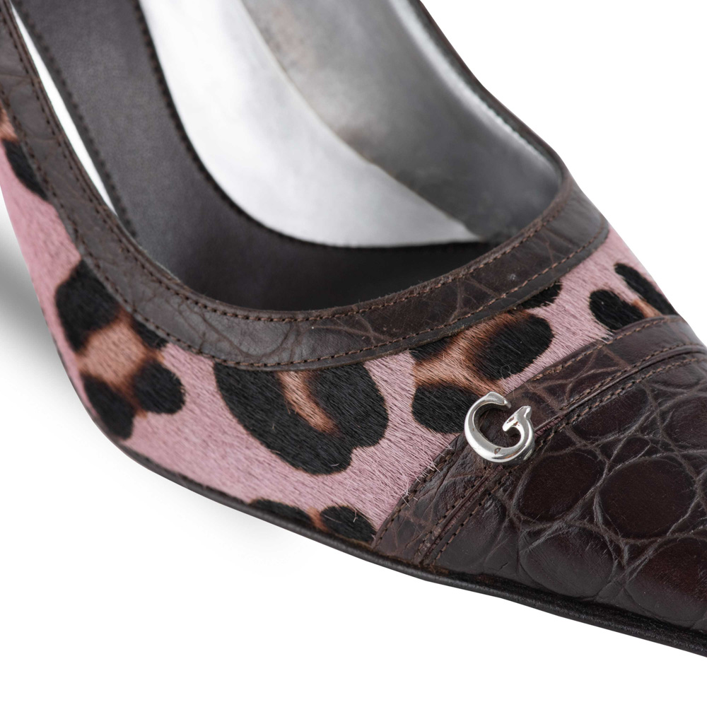Guess Δερμάτινες Καφέ Κροκό Γόβες με Ροζ Λεοπάρ γούνα - Image 2