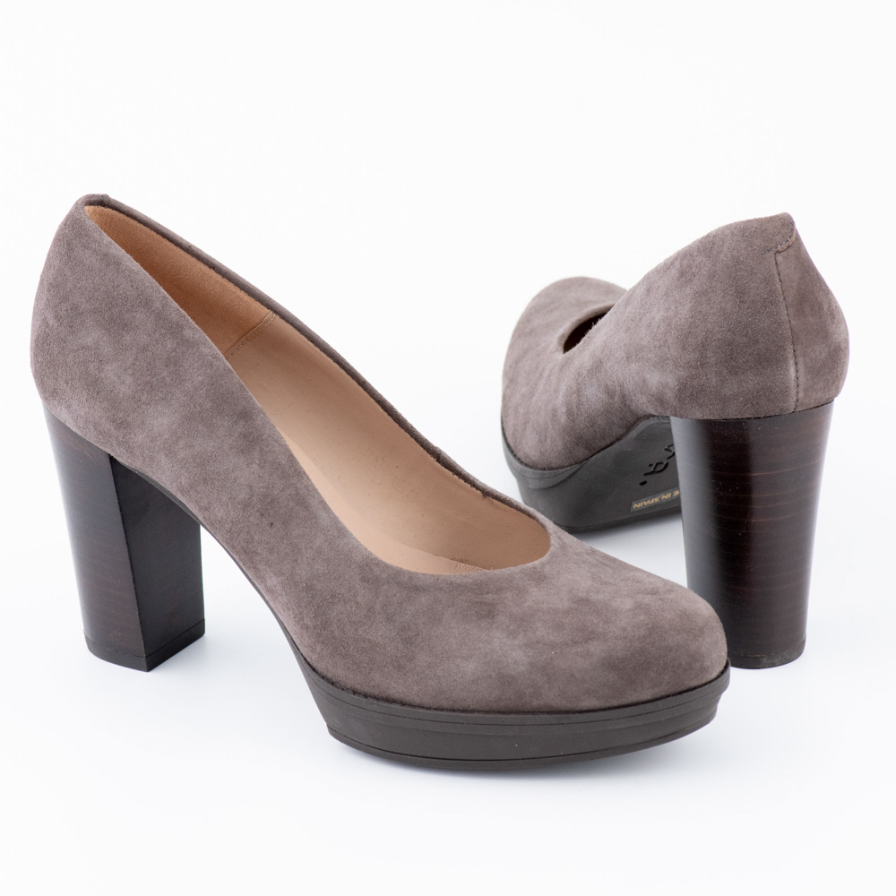 Unisa Γκρι-Μπεζ Καστόρινες Γόβες με Φιάπα και Χοντρό Τακούνι - Image 3