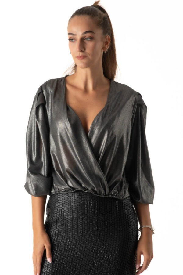 No Stress Γυναικεία Μπλούζα Κρουαζέ Γκρί Μεταλλιζέ