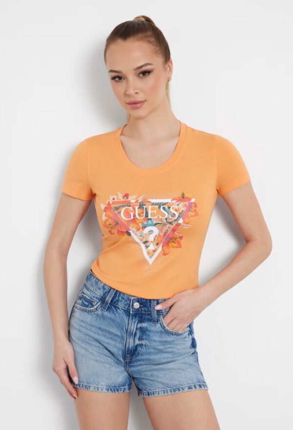 Guess Γυναικείο Ελαστικό T-shirt Πορτοκαλί με Φλοράλ Λογότυπο