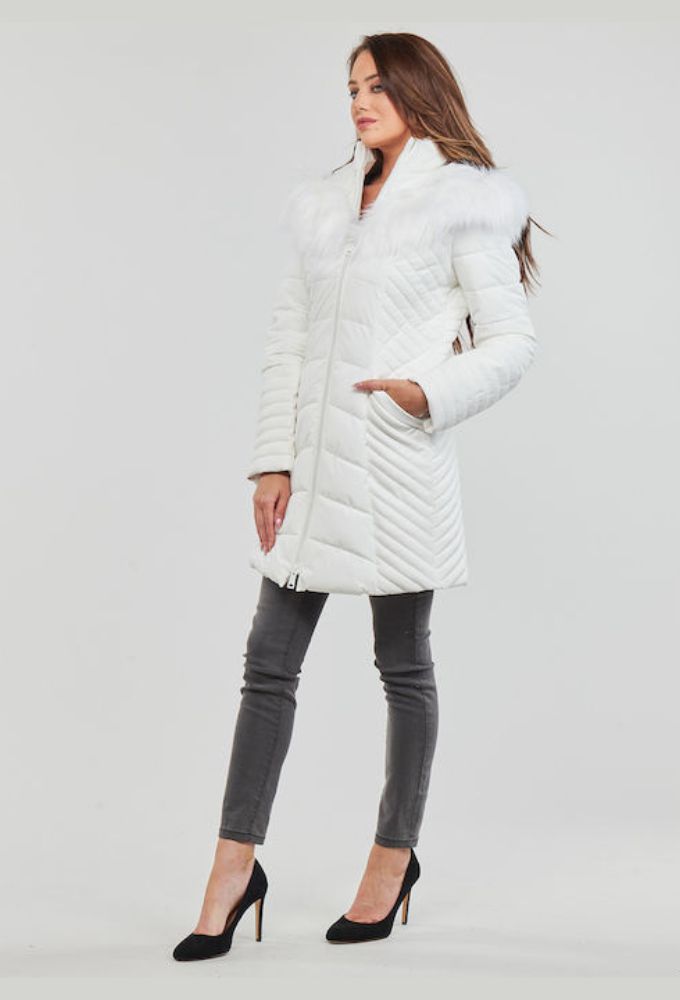 Guess OXANA Κοντό Γυναικείο Puffer Μπουφάν Λευκό