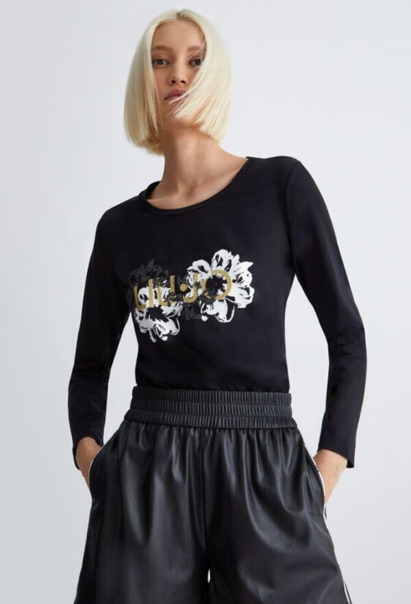 Liu Jo T-Shirt Μαύρο Μακρυμάνικο με Floral Στάμπα