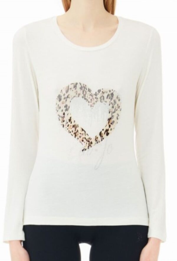Liu Jo Γυναικεία Μπλούζα Εκρού Μακρυμάνικη με Στάμπα Καρδιά και Στρας