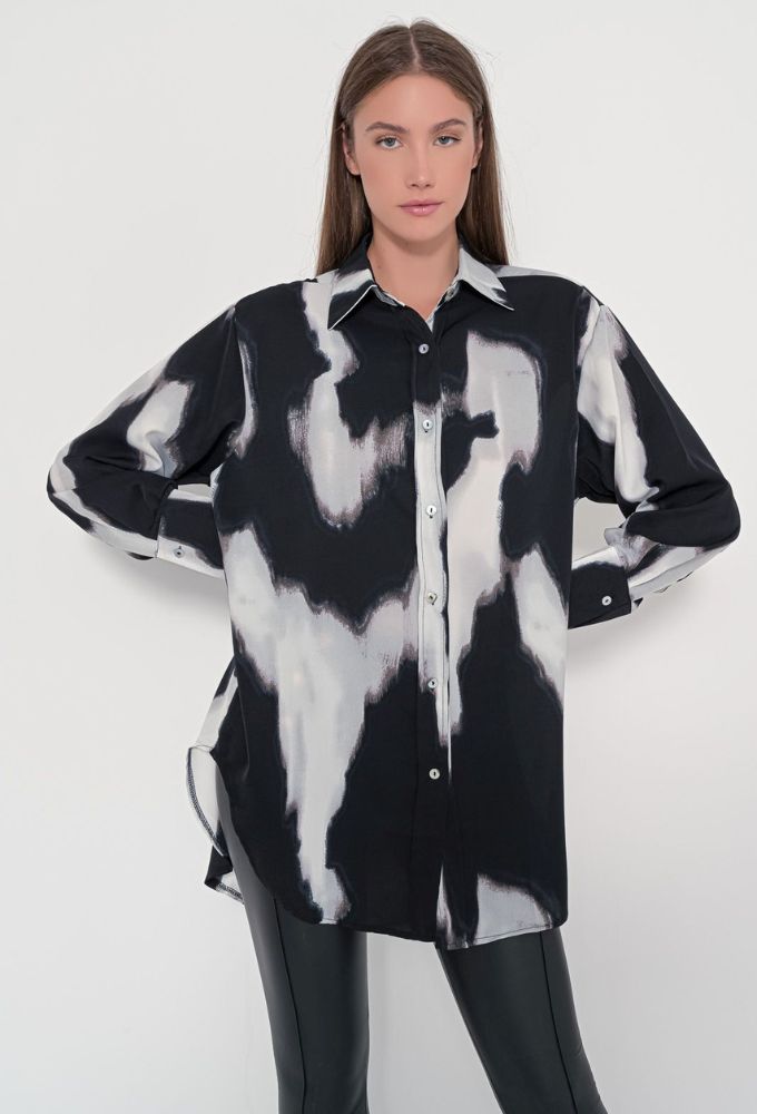 Fullah Sugah Πουκάμισο Φαρδύ με Ξεβάμματα Γκρί/Μαύρο