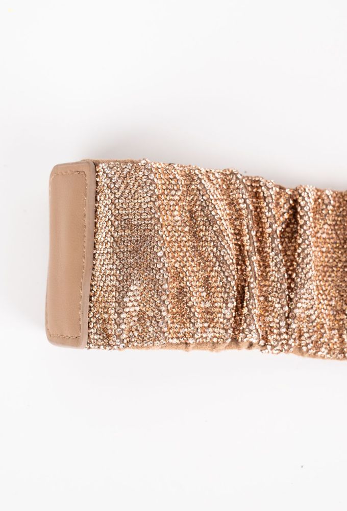 Fullah Sugah Γυναικεία Ζώνη Καφέ Ανοιχτό με Στρας και Σούρες - Image 3