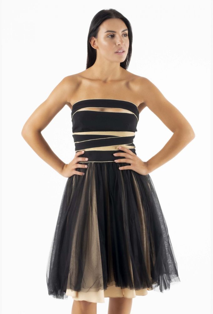 Efi Collection Γυναικείο Μαύρο Στράπλες Φόρεμα με Τούλι - Image 3