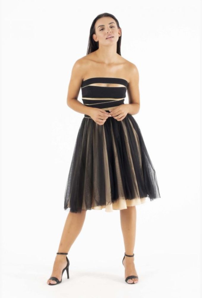 Efi Collection Γυναικείο Μαύρο Στράπλες Φόρεμα με Τούλι - Image 4