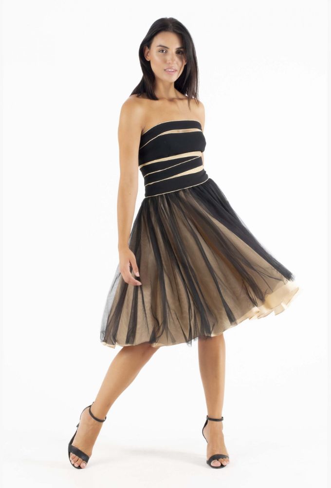 Efi Collection Γυναικείο Μαύρο Στράπλες Φόρεμα με Τούλι