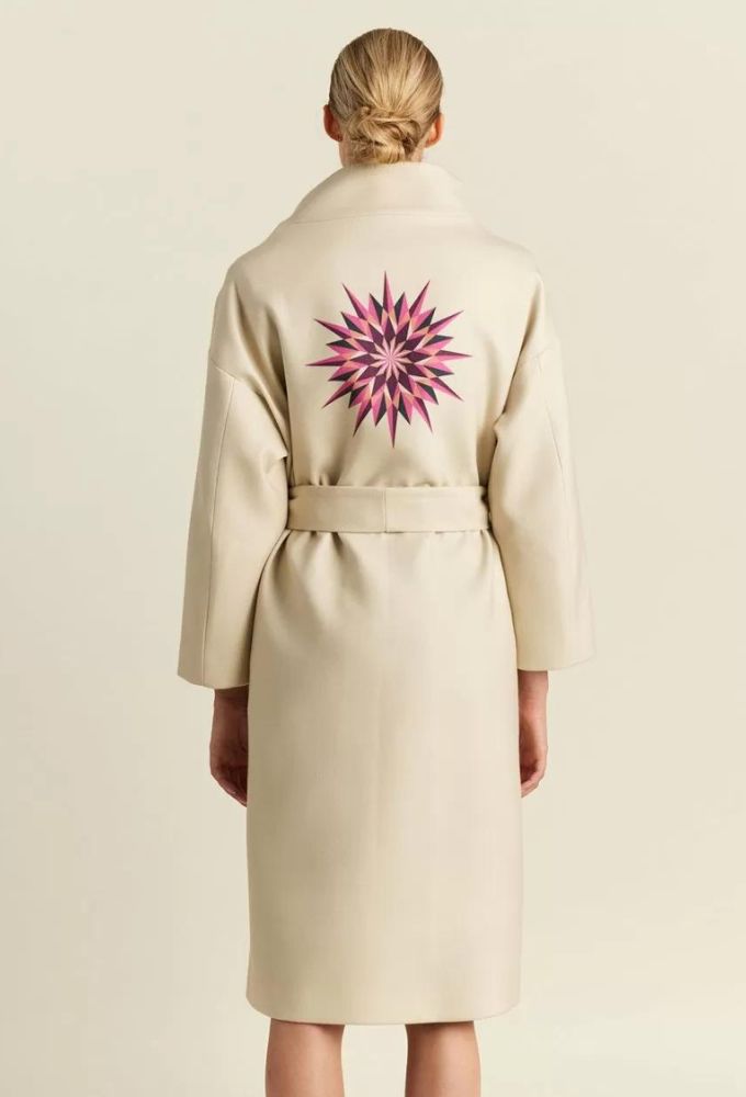 Forel Γυναικείο Παλτό Ιβουάρ Οversized με Γεωμετρικό Σχέδιο - Image 2