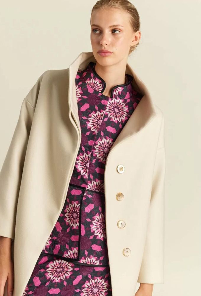 Forel Γυναικείο Παλτό Ιβουάρ Οversized με Γεωμετρικό Σχέδιο - Image 4