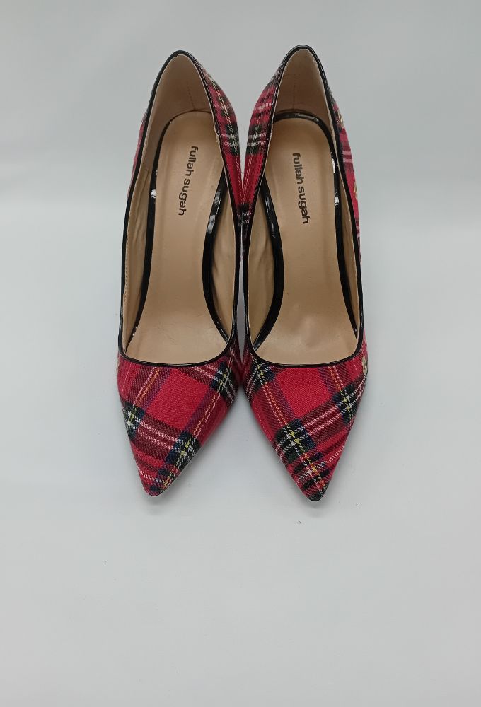 Fullah Sugah Γυναικείες Γόβες Ψηλοτάκουνες Κόκκινες Καρό - Image 7