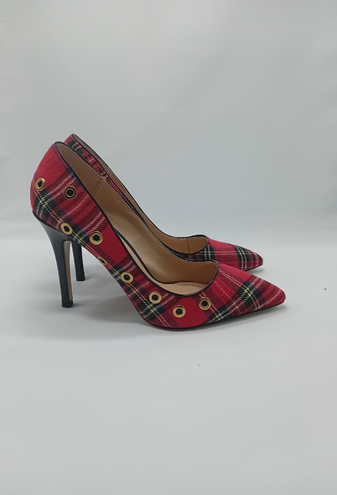 Fullah Sugah Γυναικείες Γόβες Ψηλοτάκουνες Κόκκινες Καρό - Image 3