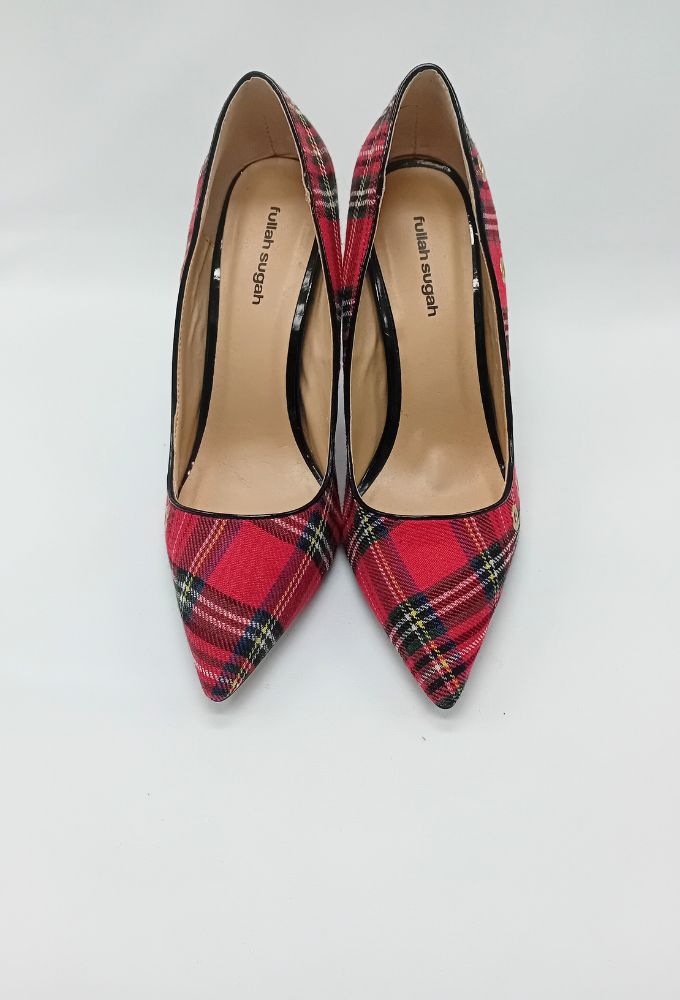 Fullah Sugah Γυναικείες Γόβες Ψηλοτάκουνες Κόκκινες Καρό - Image 2