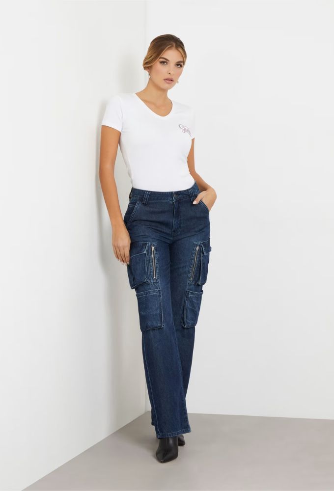 Guess Γυναικείo Ελαστικό T-shirt με Λογότυπο Λευκό - Image 3