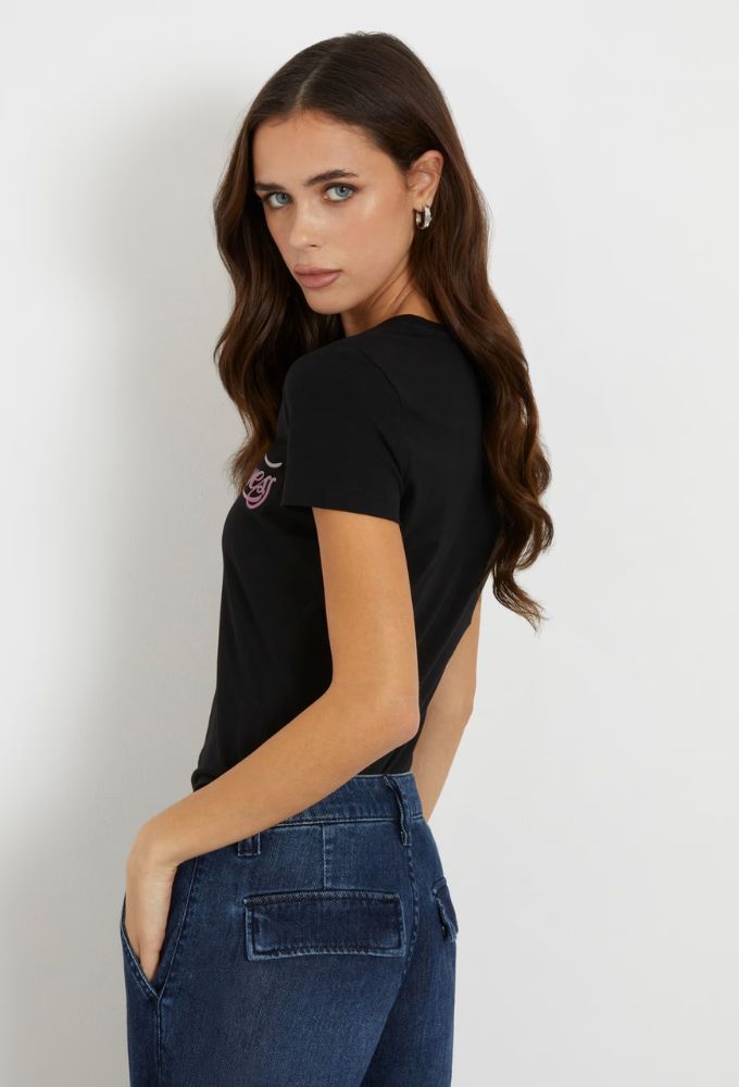 Guess Γυναικείo Ελαστικό T-shirt με Λογότυπο Μαύρο - Image 3