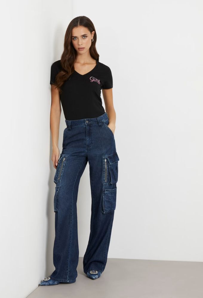 Guess Γυναικείo Ελαστικό T-shirt με Λογότυπο Μαύρο - Image 2