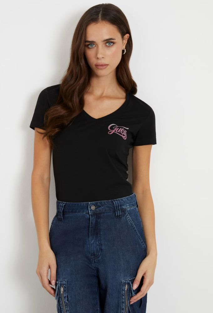 Guess Γυναικείo Ελαστικό T-shirt με Λογότυπο Μαύρο