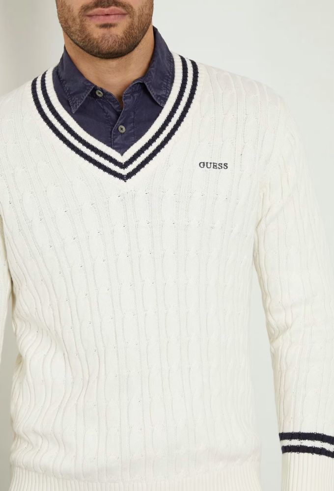 Guess Ανδρική Μπλούζα Πλεκτή Εκρού με Σχέδιο Πλεξούδες - Image 4