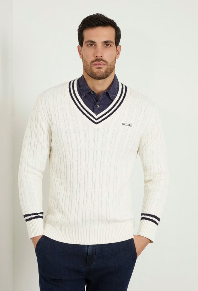 Guess Ανδρική Μπλούζα Πλεκτή Εκρού με Σχέδιο Πλεξούδες