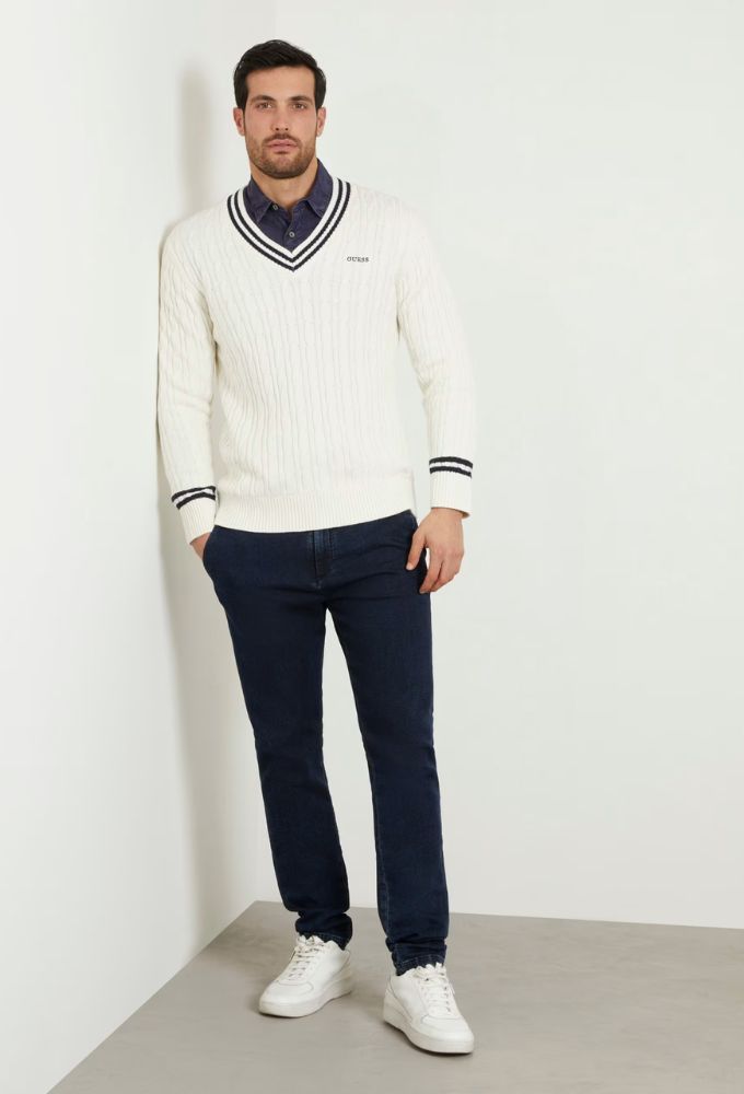 Guess Ανδρική Μπλούζα Πλεκτή Εκρού με Σχέδιο Πλεξούδες - Image 3