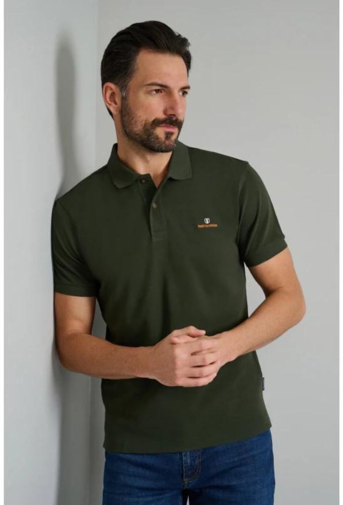 Navy&Green Ανδρική Μπλούζα Polo Xακί Μονόχρωμο Custom Fit - Image 3