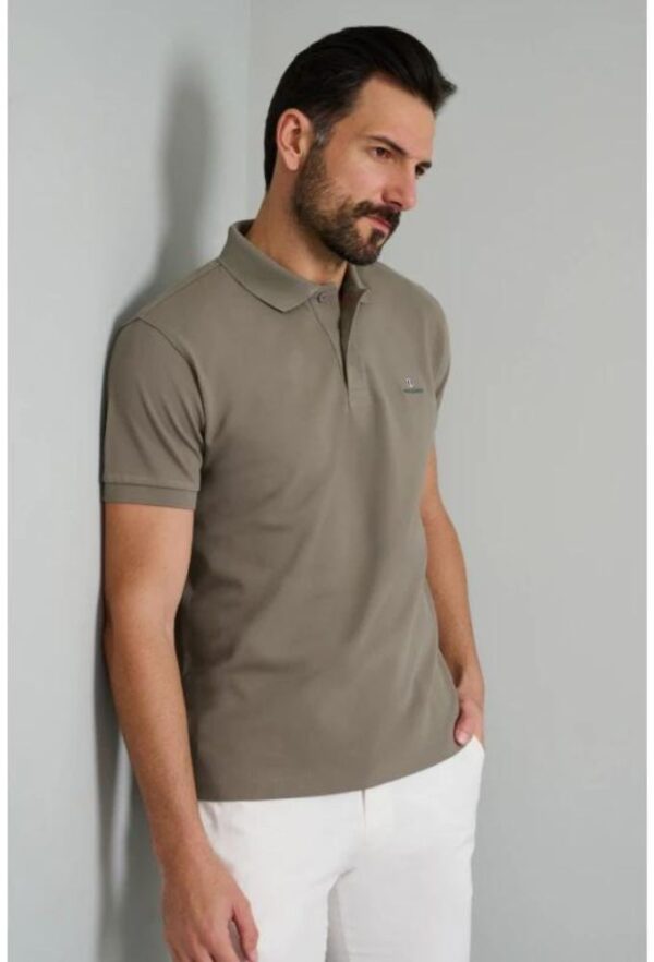 Navy&Green Ανδρική Μπλούζα Polo Mπεζ Σκούρο Μονόχρωμο Custom Fit