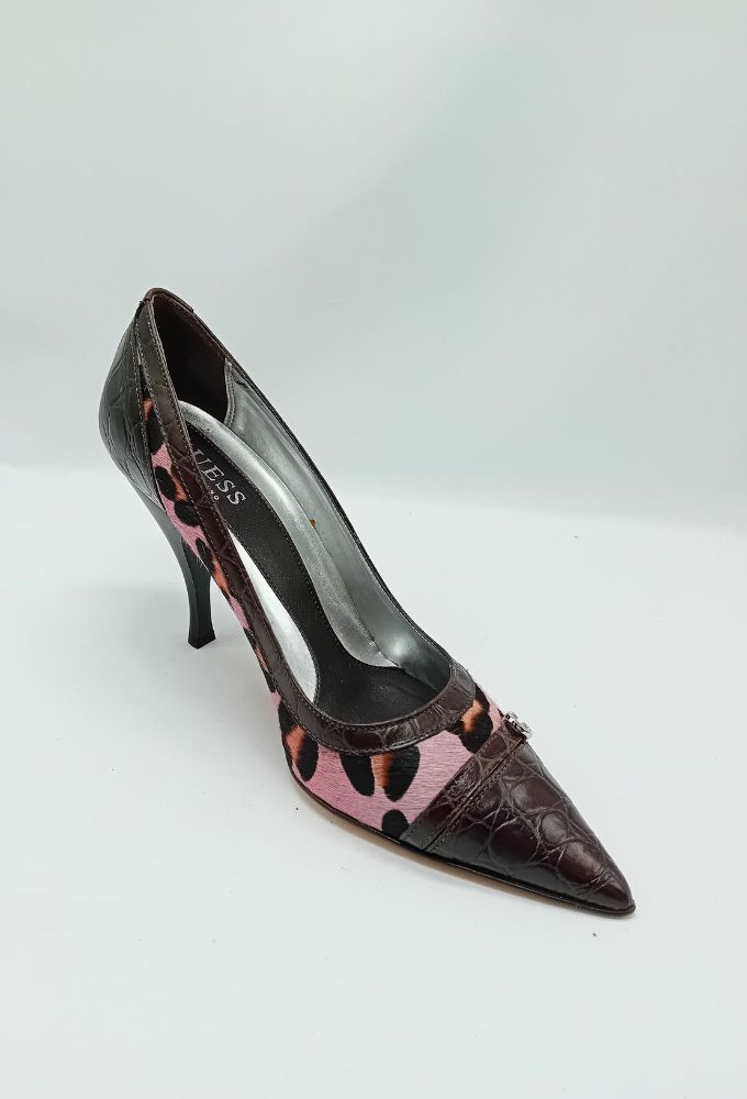 Guess Δερμάτινες Καφέ Κροκό Γόβες με Ροζ Λεοπάρ γούνα - Image 4