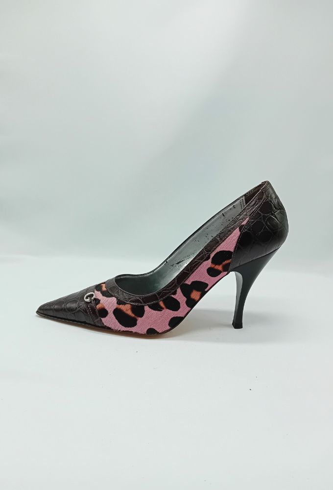 Guess Δερμάτινες Καφέ Κροκό Γόβες με Ροζ Λεοπάρ γούνα - Image 6