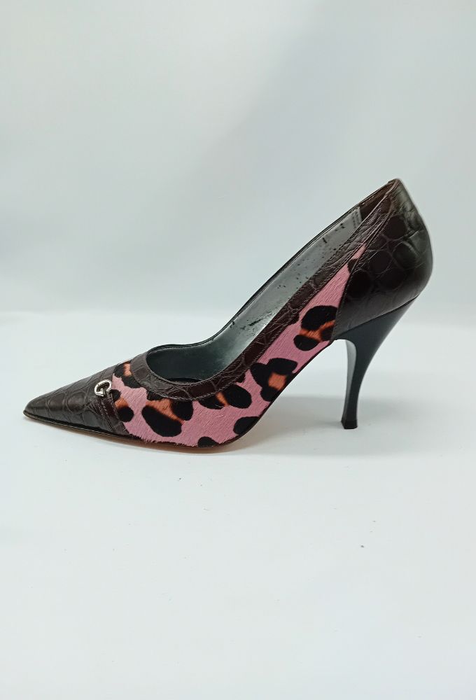 Guess Δερμάτινες Καφέ Κροκό Γόβες με Ροζ Λεοπάρ γούνα - Image 7