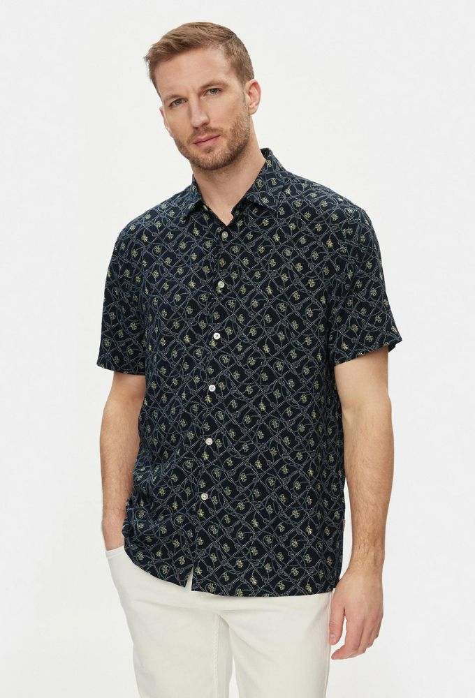 Guess Ανδρικό Πουκάμισο Κοντομάνικο με Κανονική Γραμμή Navy Μπλε