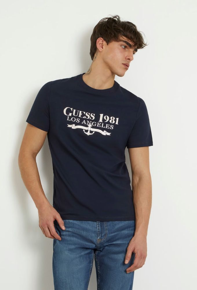 Guess Ανδρικό Ελαστικό T-shirt με Στάμπα Μπροστά