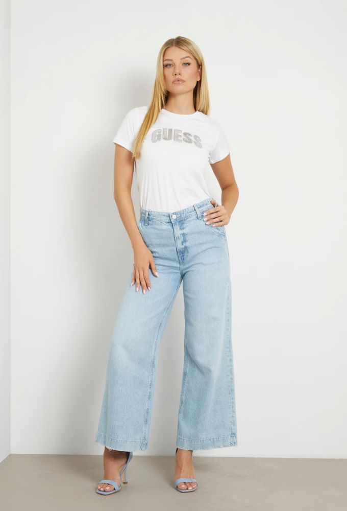 Guess Γυναικείο T-shirt με Λογότυπο με Στρας Μπροστά Λευκό - Image 2