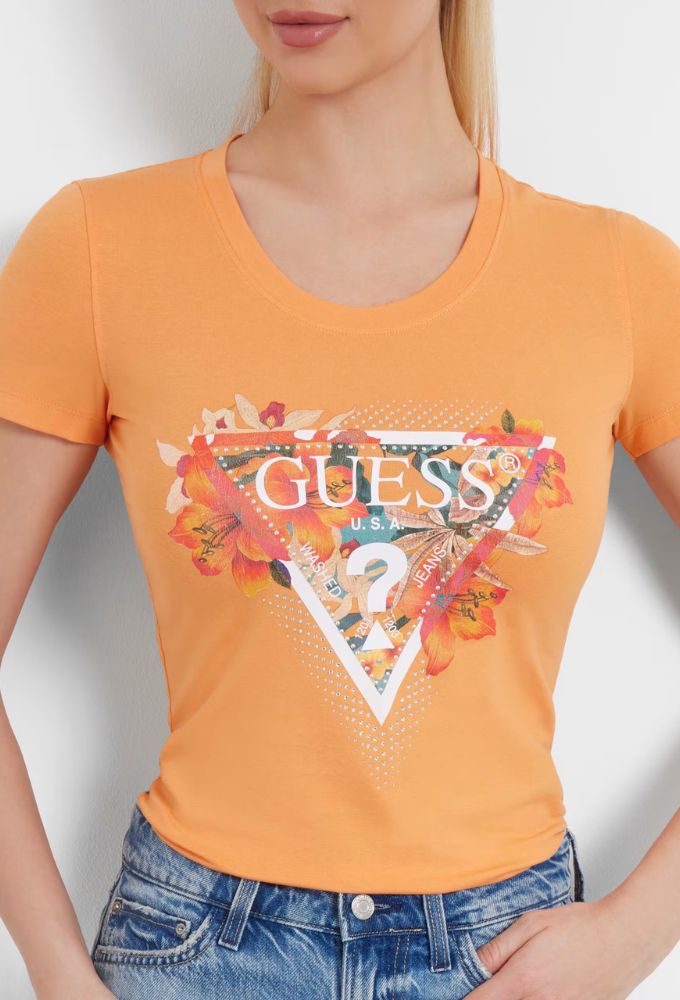 Guess Γυναικείο Ελαστικό T-shirt Πορτοκαλί με Φλοράλ Λογότυπο - Image 4
