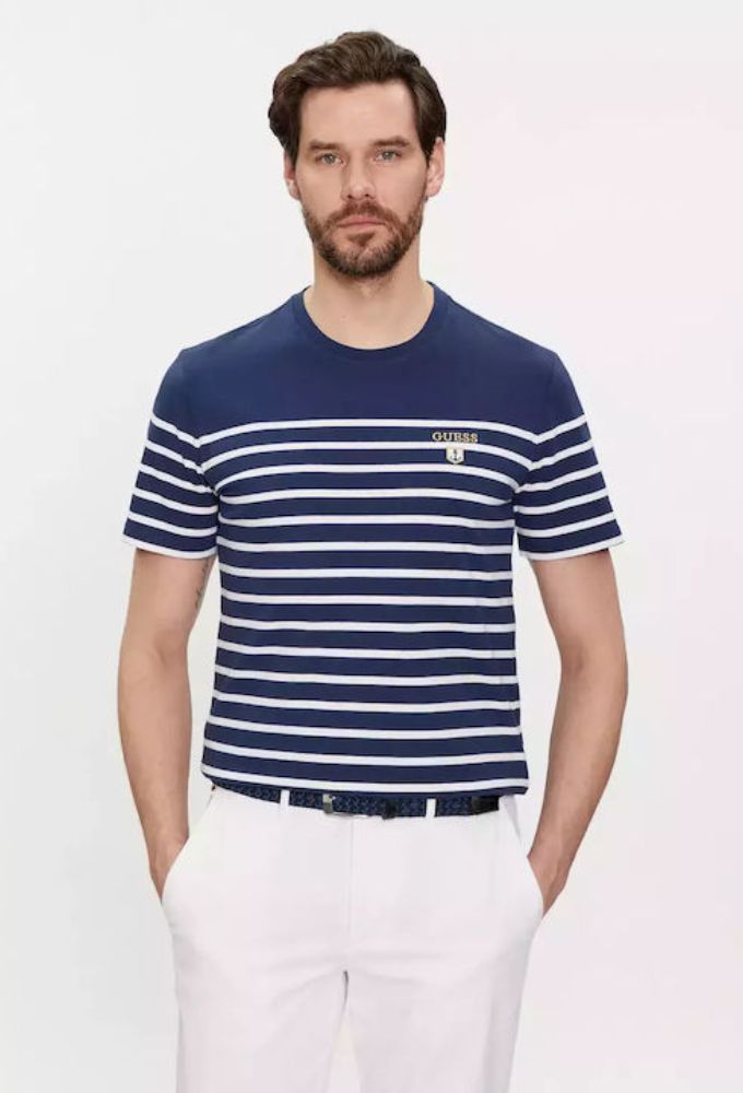 Guess Ανδρικό T-shirt Κοντομάνικο Μπλε με Ρίγες