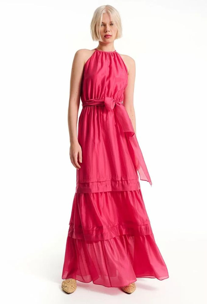 Forel Γυναικείο Φόρεμα Maxi Φούξια με Παρτούς Ώμους