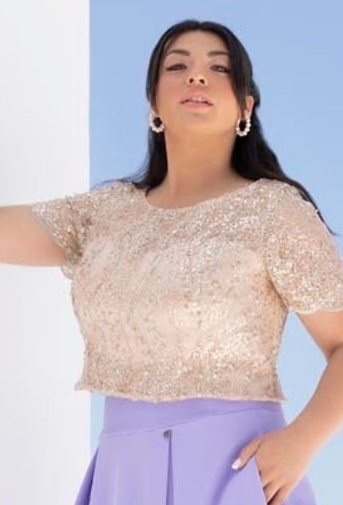 Just Perfect Plus Size Μπεζ/Χρυσό Γυναικείο Τοπ με Λαιμόκοψη - Image 2