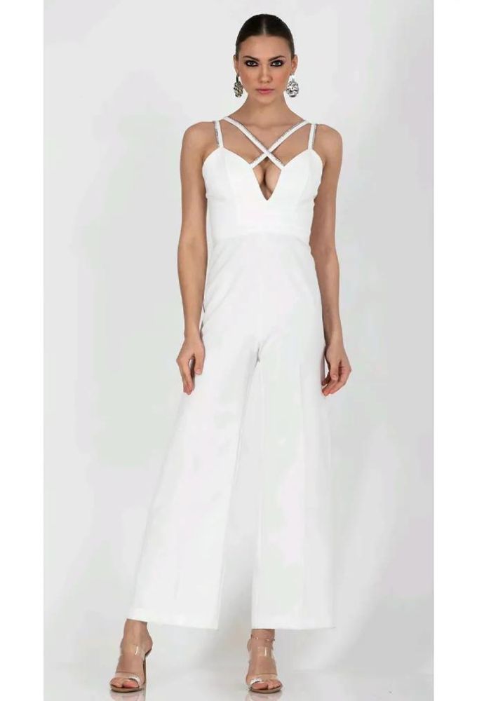 Le Vertige Γυναικεία Ολόσωμη Λευκή Φόρμα Μονόχρωμη με Ράντες