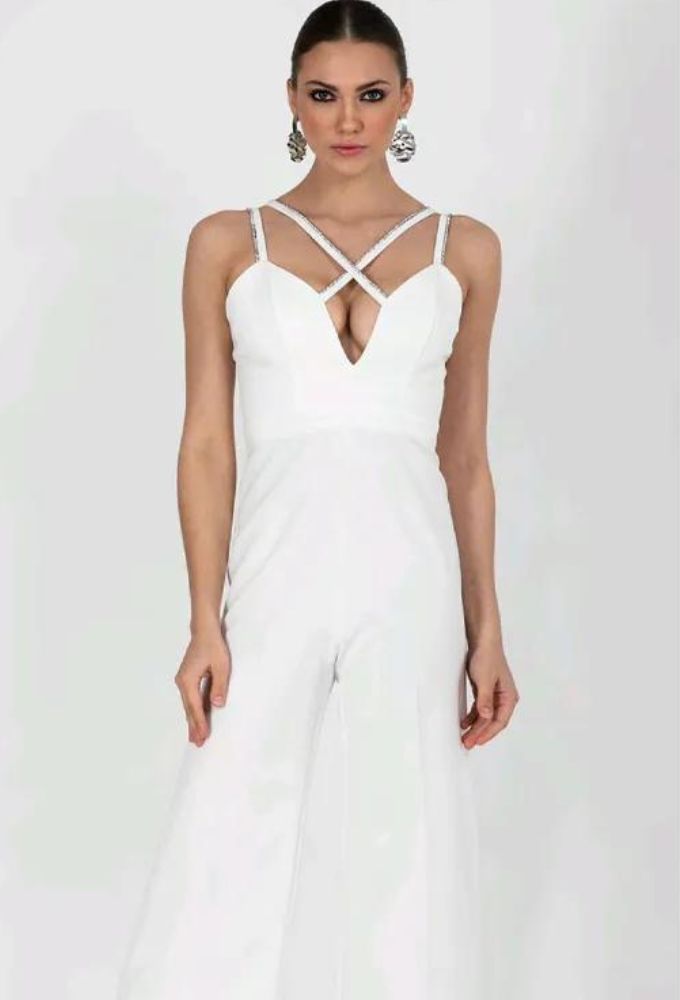 Le Vertige Γυναικεία Ολόσωμη Λευκή Φόρμα Μονόχρωμη με Ράντες - Image 3