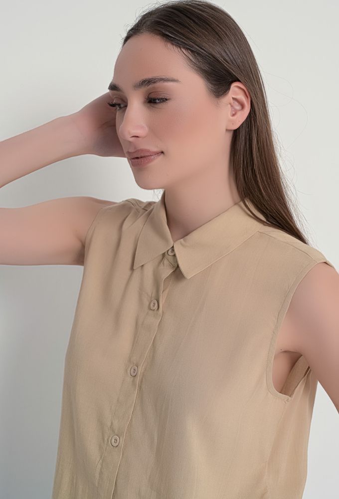 Fullah Sugah Πουκάμισο Αμάνικο Μονόχρωμο Μπεζ - Image 4